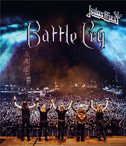 Judas Priest “Battle Cry” Blu-ray cover with band silhouetted before a crowd.