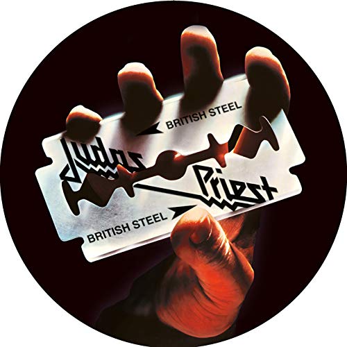 Close-up of a hand gripping a razor blade with "Judas Priest" text.