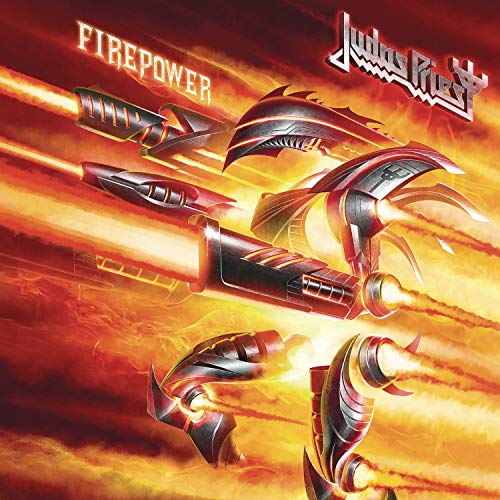 Judas Priest Firepower album cover featuring metallic robotic parts firing lasers against orange flames.