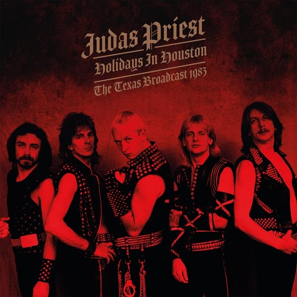 Judas Priest band portrait on a red, textured album cover.