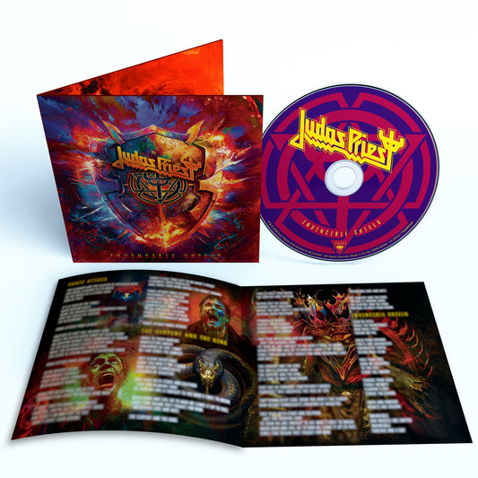 Judas Priest “Invincible Shield” CD case open, showing artwork and booklet.