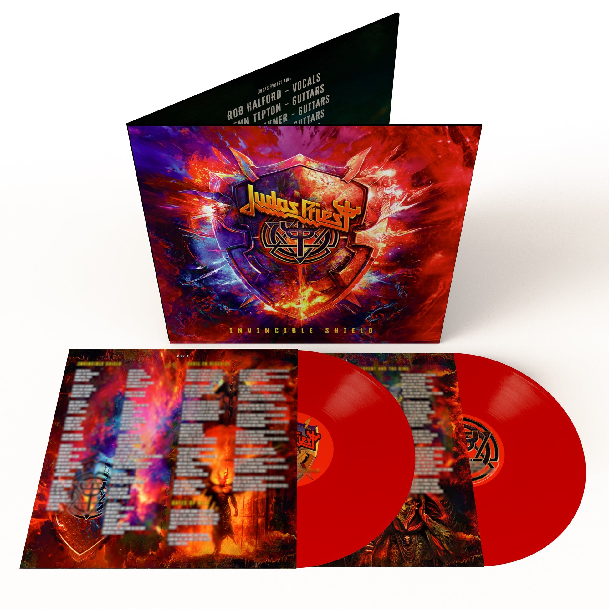 Red vinyl LP of Judas Priest’s “Invincible Shield” with album artwork displayed.