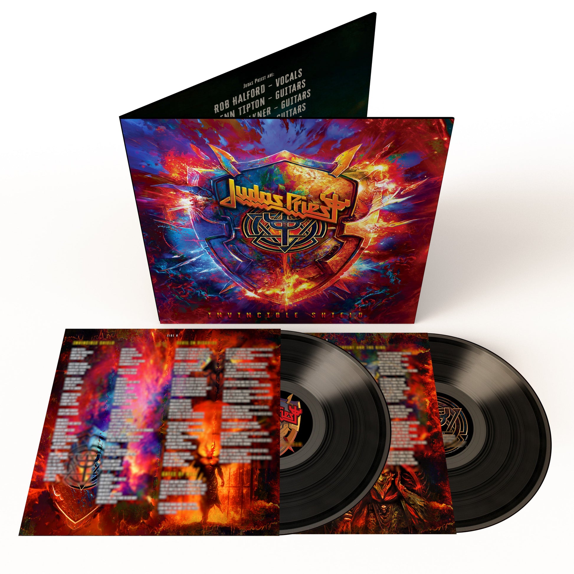 Judas Priest “Invincible Shield” vinyl record with red and black cover art.