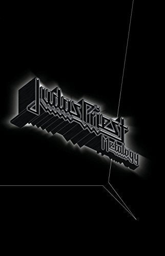 Judas Priest Metalogy logo in silver 3D text against a black background.