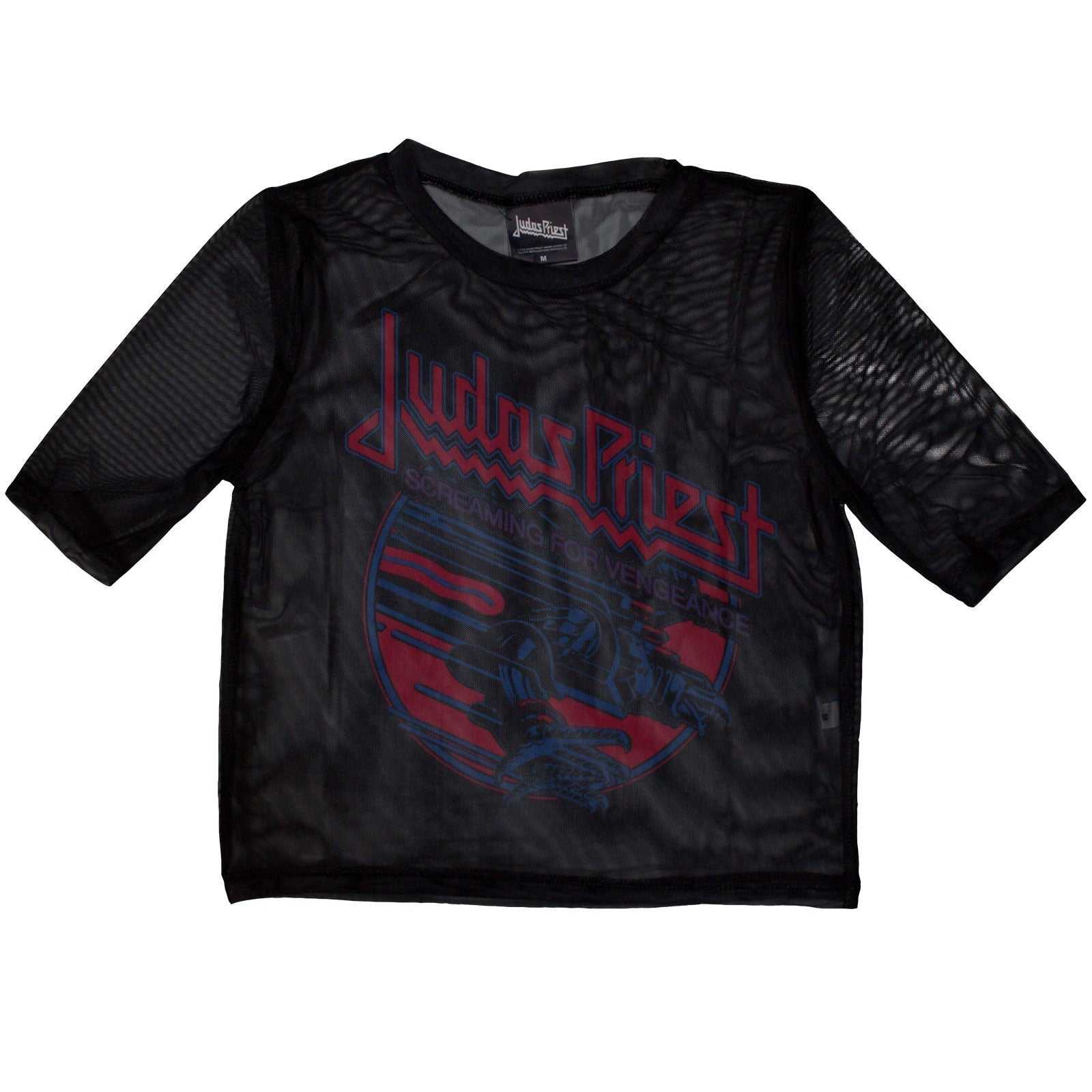 Black mesh crop top featuring Judas Priest’s “Screaming For Vengeance” album art.