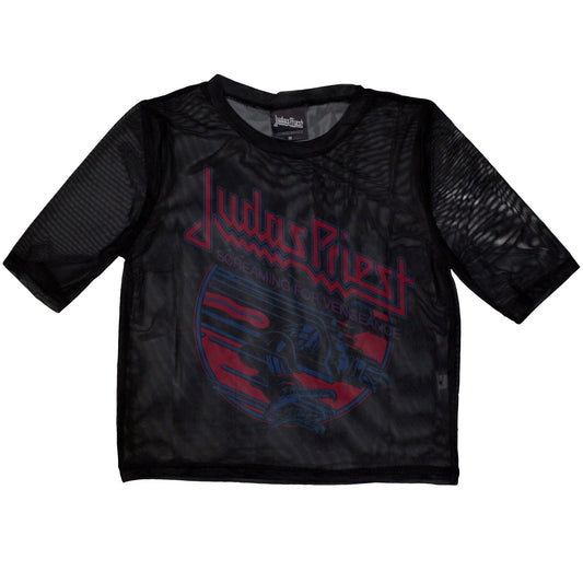 Black mesh crop top featuring Judas Priest’s “Screaming For Vengeance” album art.