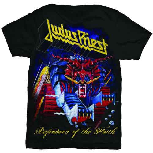 Black t-shirt with Judas Priest’s “Defender of the Faith” album cover art.
