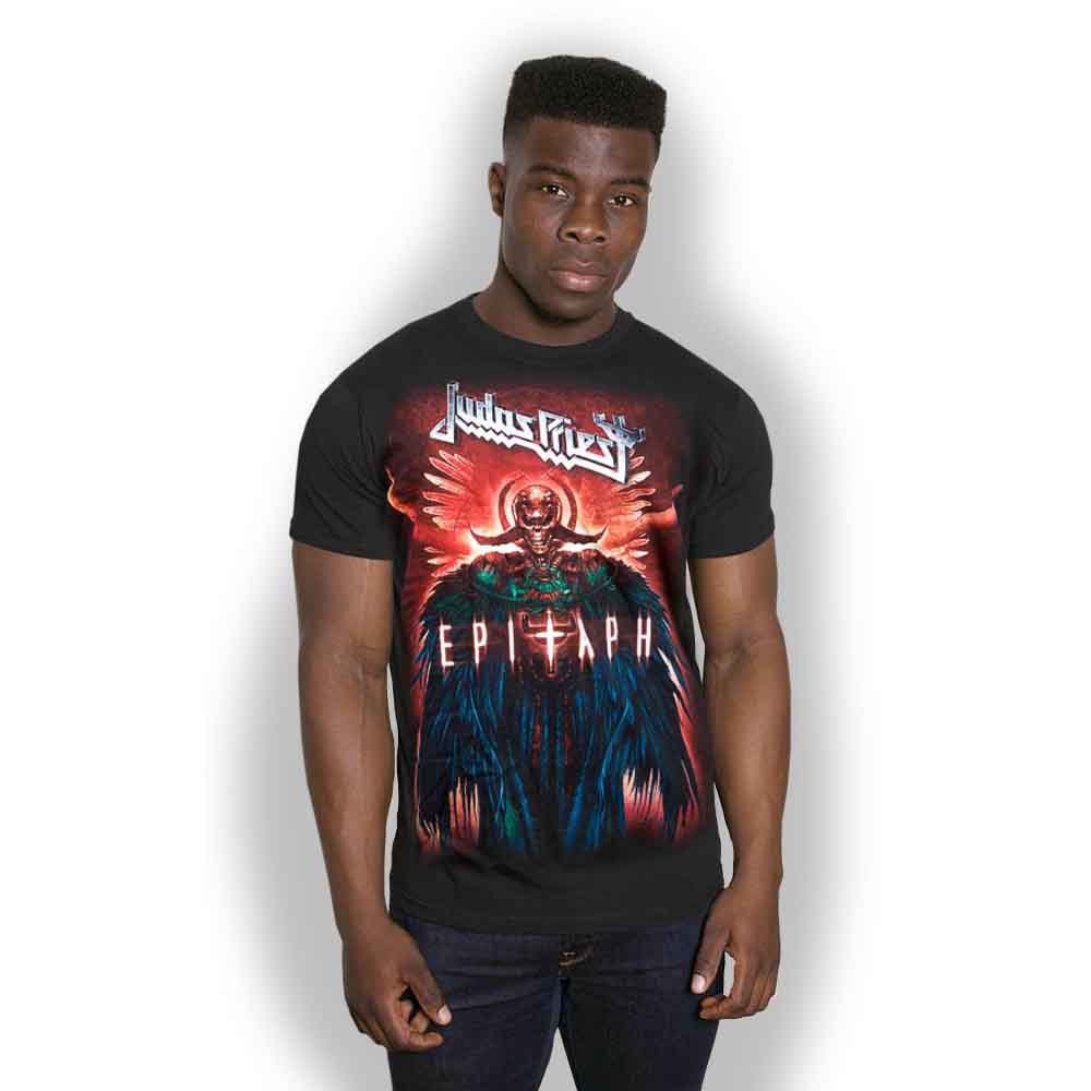 Black Judas Priest t-shirt with winged skull and “Epitaph” design.