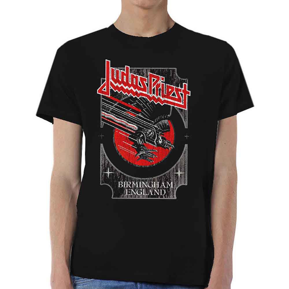 Black t-shirt with red and silver Judas Priest band logo and eagle graphic.