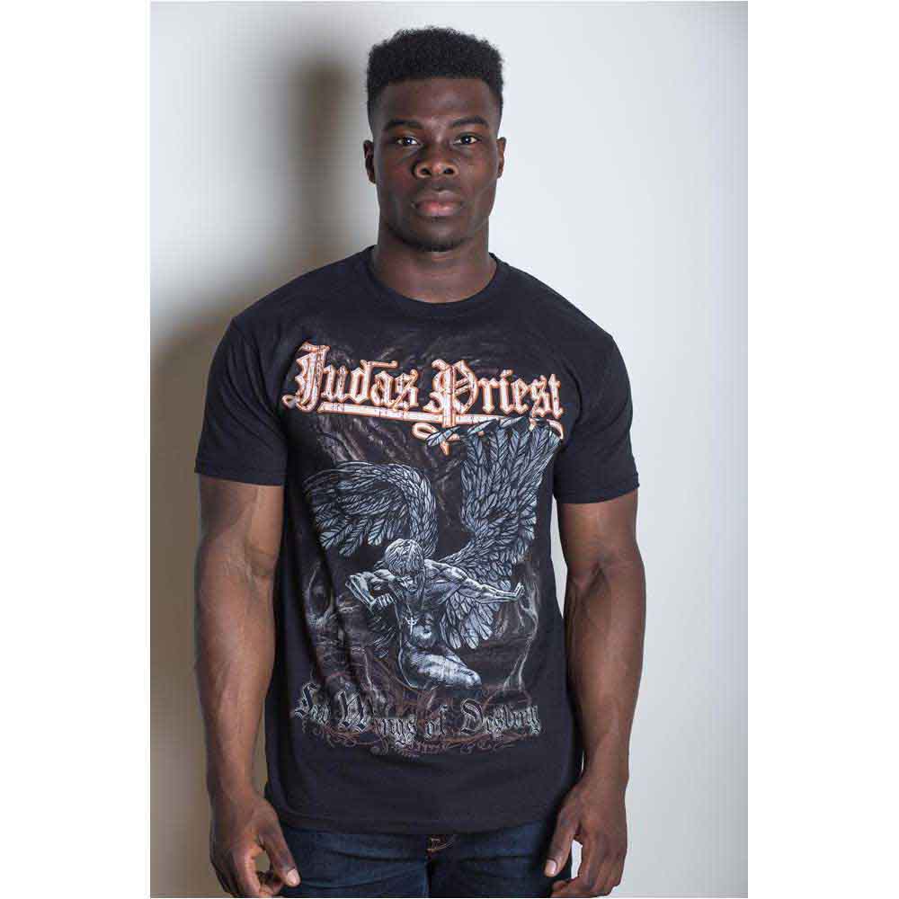 Black t-shirt with Judas Priest logo and winged figure graphic.
