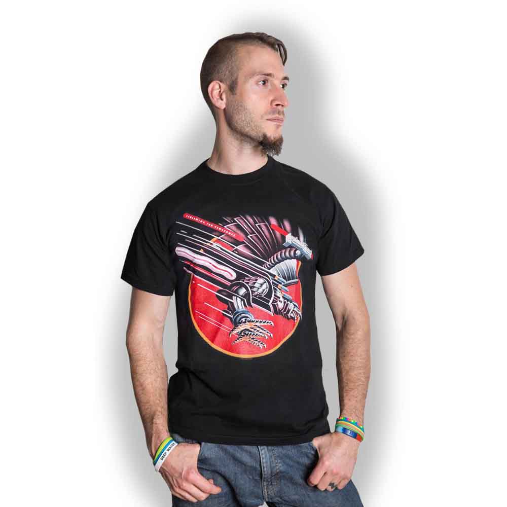 Black t-shirt with a red and orange graphic of a robotic eagle.