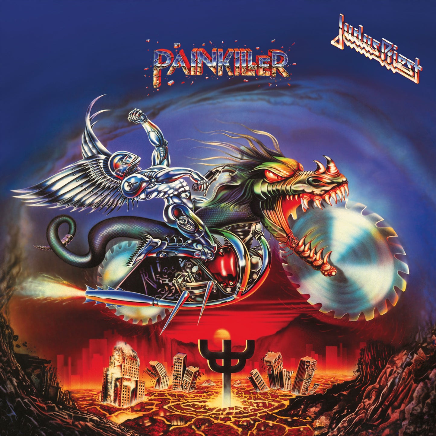 Judas Priest’s “Painkiller” album cover: robotic angel riding a dragon.