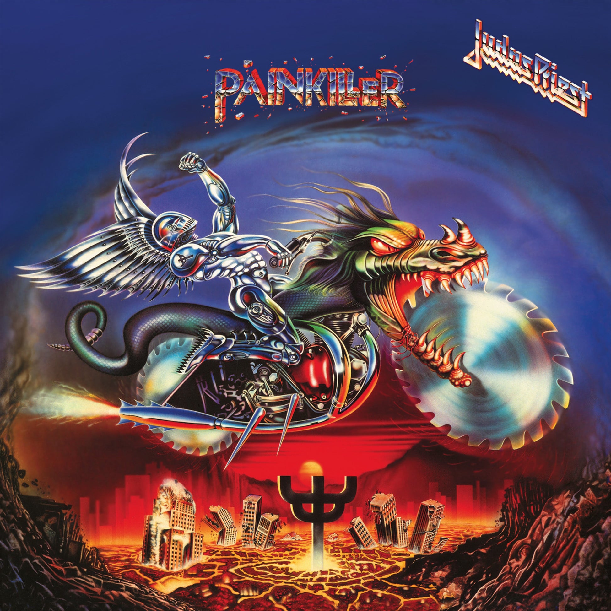 Judas Priest’s “Painkiller” album cover: robotic angel riding a dragon.