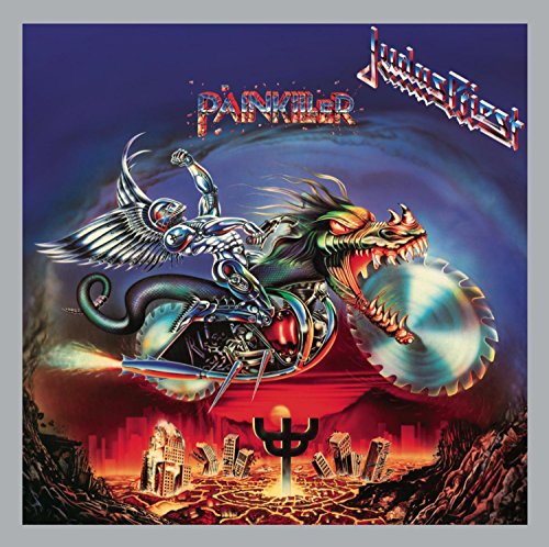 Judas Priest “Painkiller” album cover: metallic figure riding a dragon-like motorcycle.