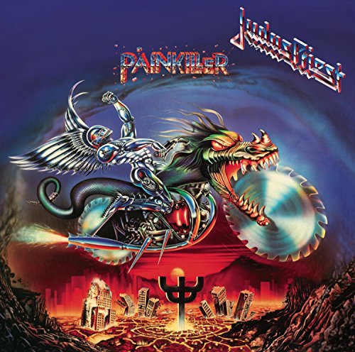 Judas Priest’s “Painkiller” album cover: robotic figure riding a dragon over a city.