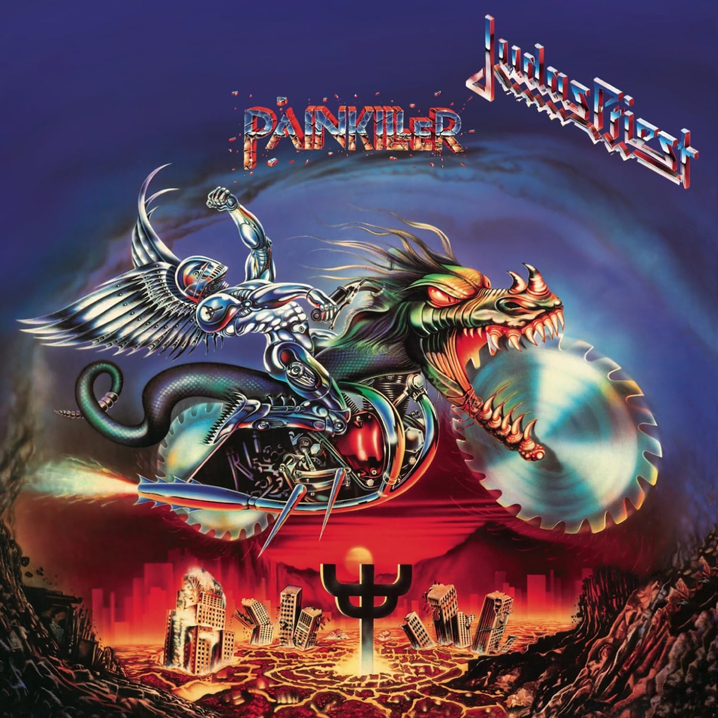 Judas Priest’s “Painkiller” album cover: robotic dragon over a cityscape.