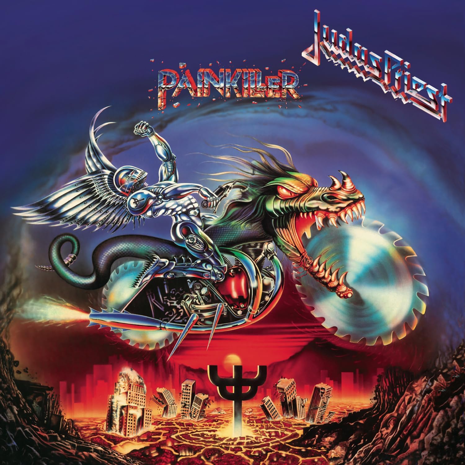 Judas Priest’s “Painkiller” album cover: robotic dragon over a cityscape.