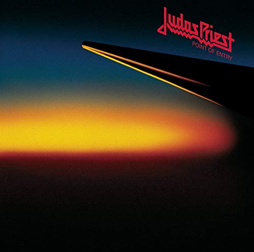 Judas Priest “Point of Entry” album cover with a jet and sunset.
