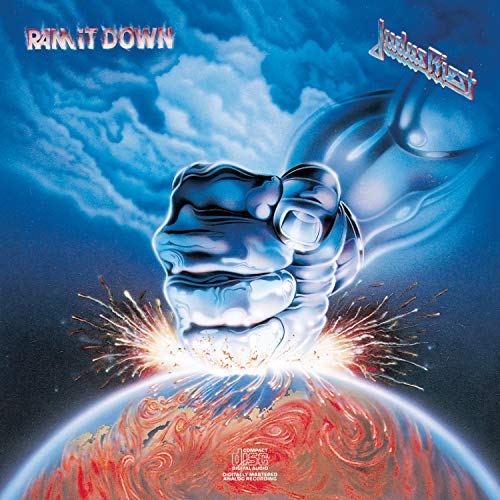 Judas Priest album cover, “Ram It Down,” featuring a fist and fiery planet.