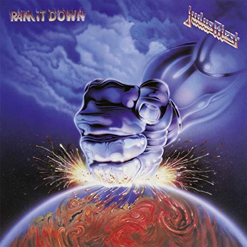 A metallic fist punches into a planet against a blue, cloudy space background.