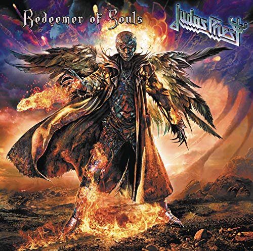 Judas Priest’s “Redeemer of Souls” album cover featuring a winged, fiery figure.