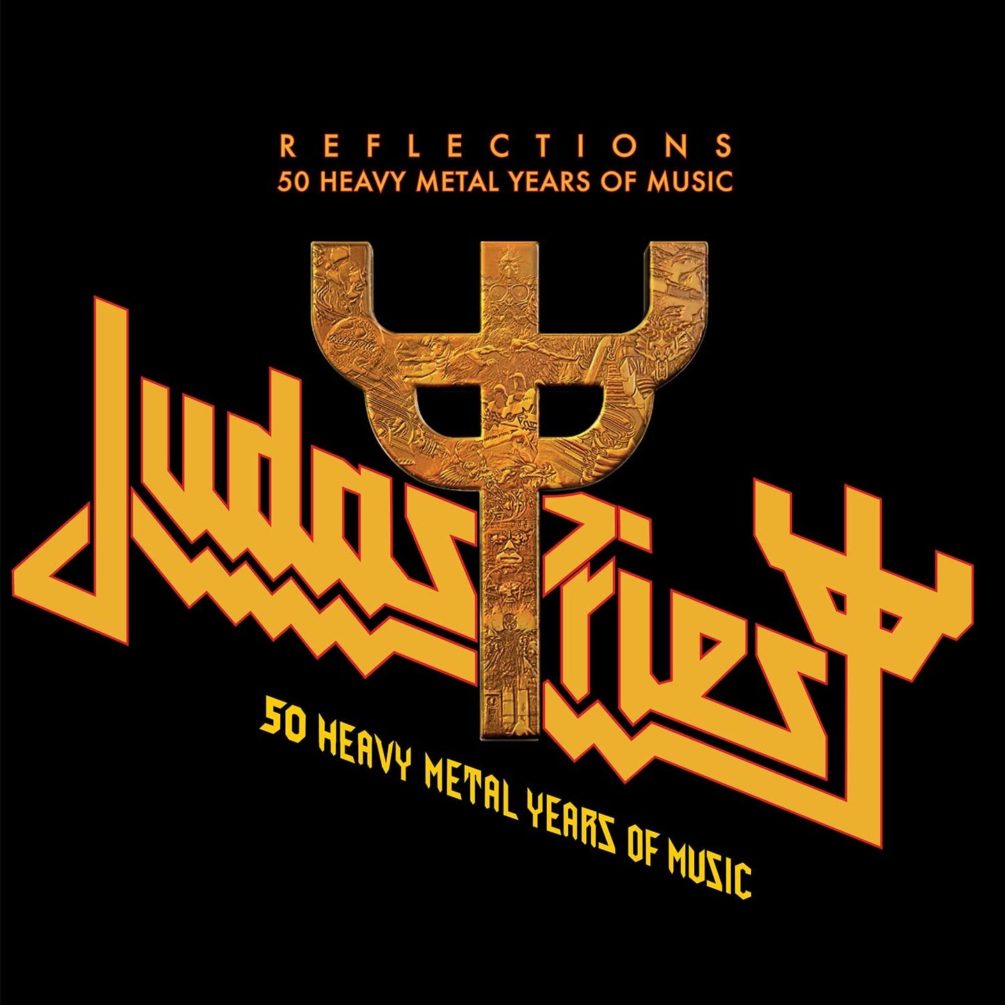 Judas Priest Reflections CD case and disc with gold logo on black background.