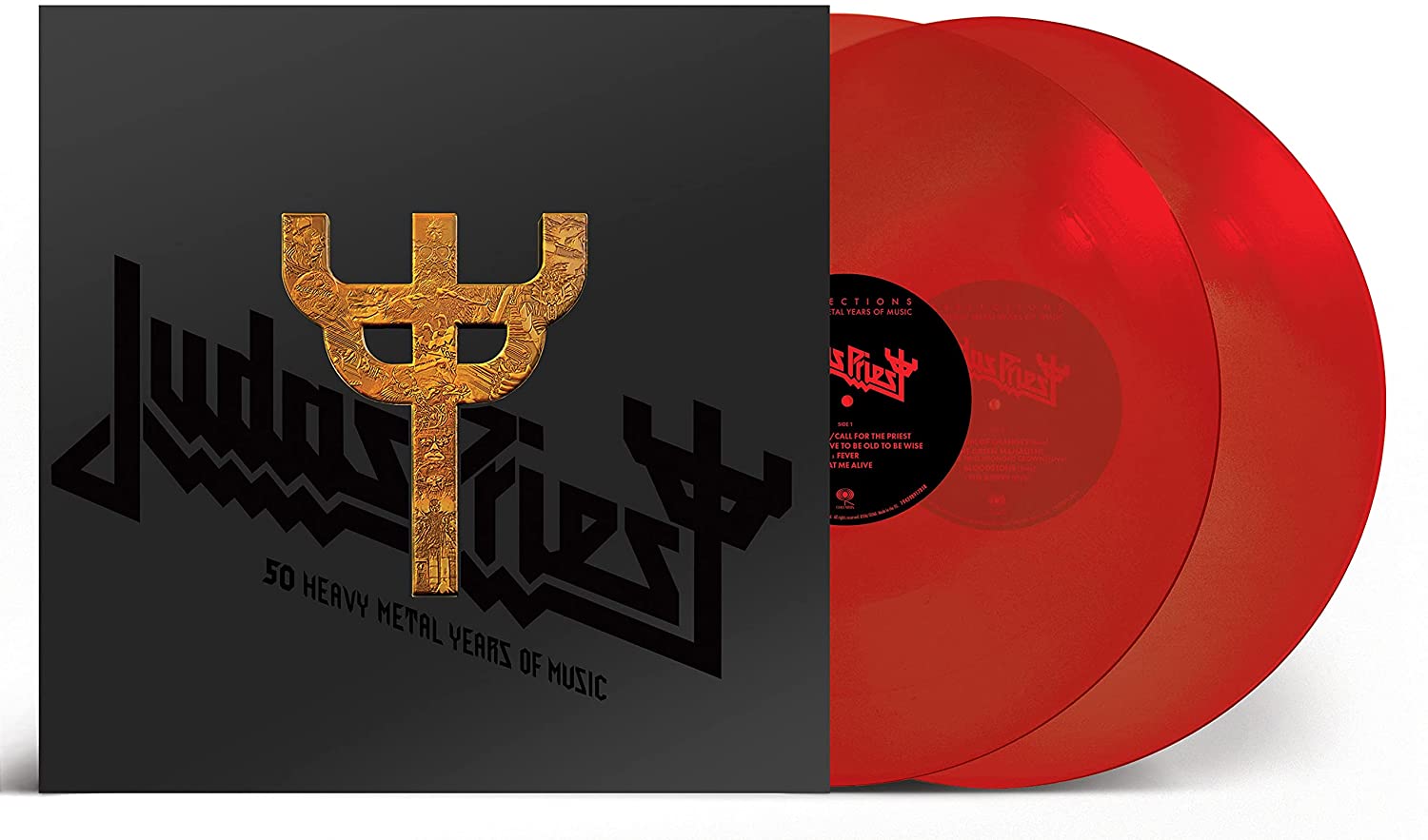 Judas Priest vinyl record set with black cover and red records.