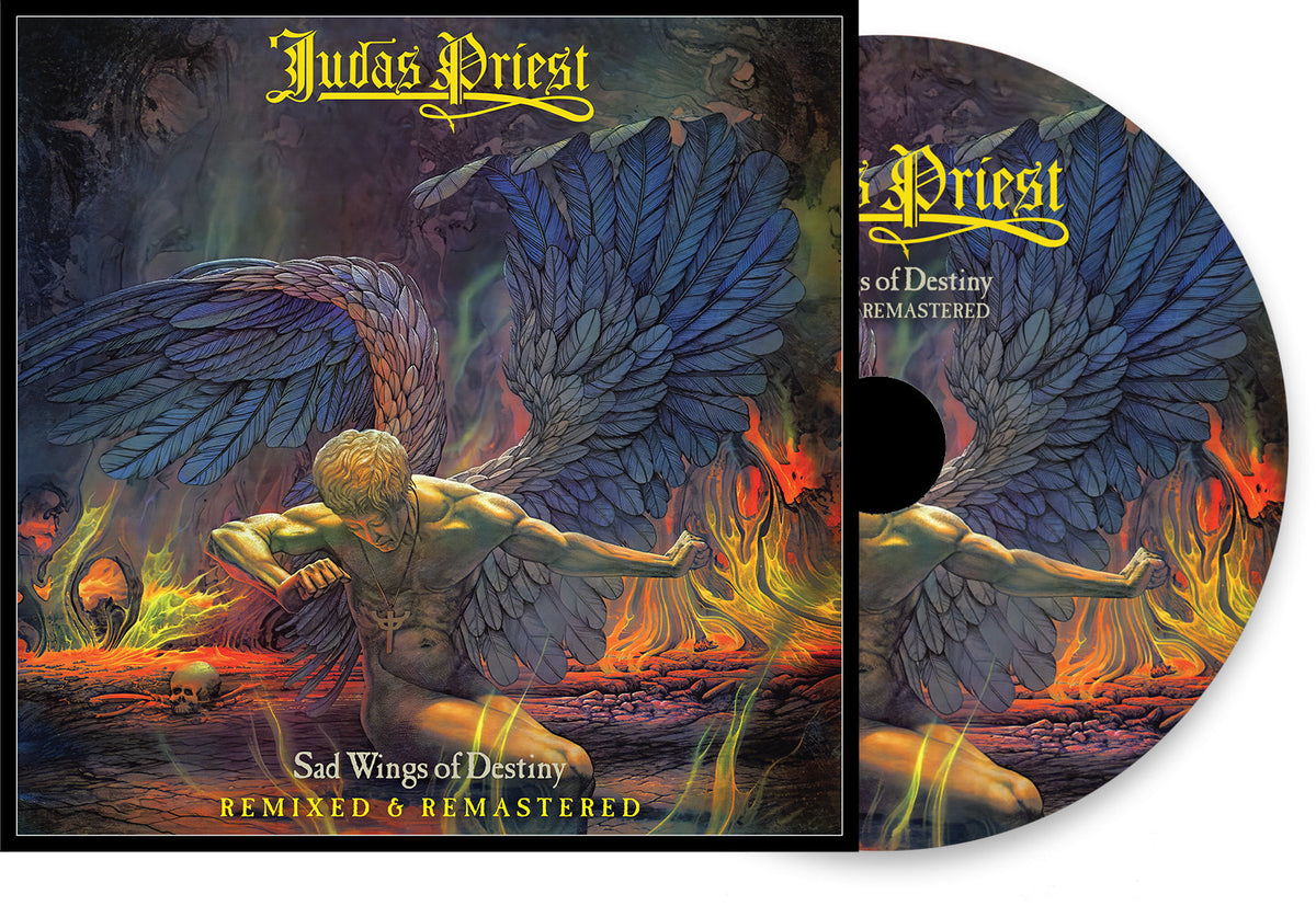 Judas Priest “Sad Wings of Destiny” CD cover with a fallen angel image.
