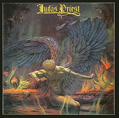 Album cover: Fallen angel with blue wings amidst flames and skulls.