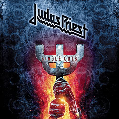 Judas Priest “Single Cuts” album cover with a metallic hand and fork.