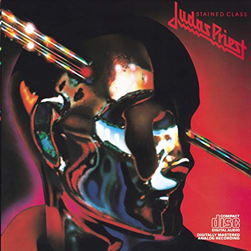 Judas Priest “Stained Class” CD cover art: a metallic face in red.