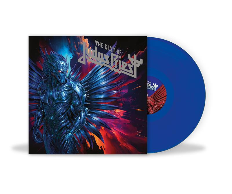 Blue Judas Priest vinyl record with winged figure album art.