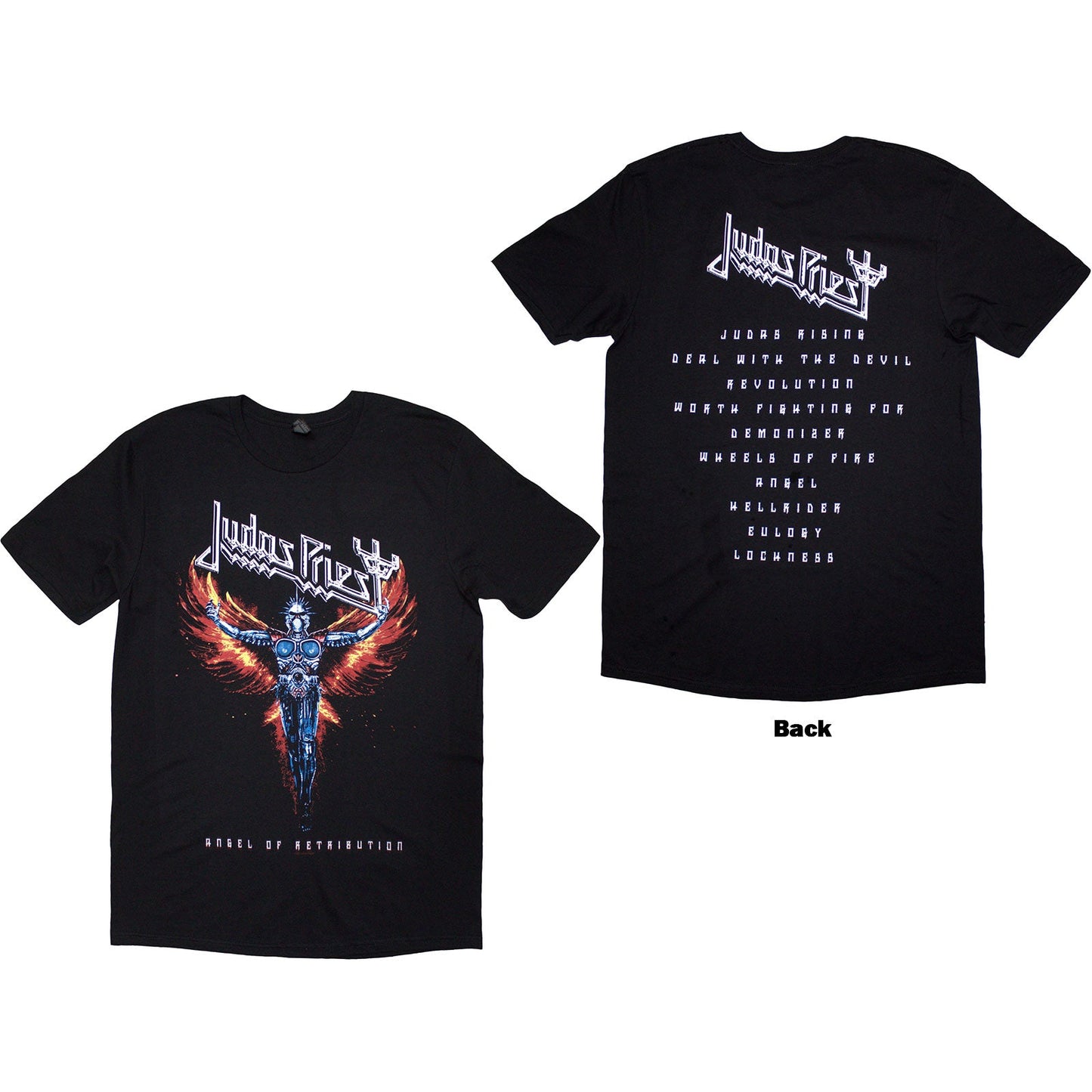 Black t-shirt with white Judas Priest “Angel of Retribution” tracklist back print.