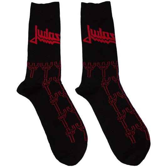 Black ankle socks featuring a repeating white Judas Priest trident logo pattern.