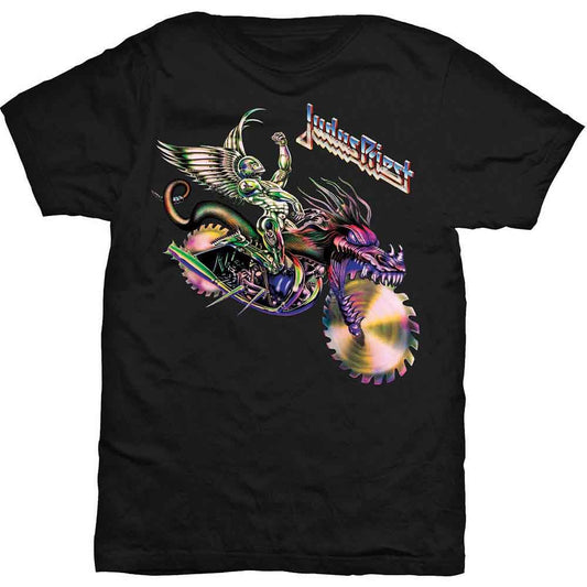 Black t-shirt with colorful graphic of a winged figure riding a dragon.