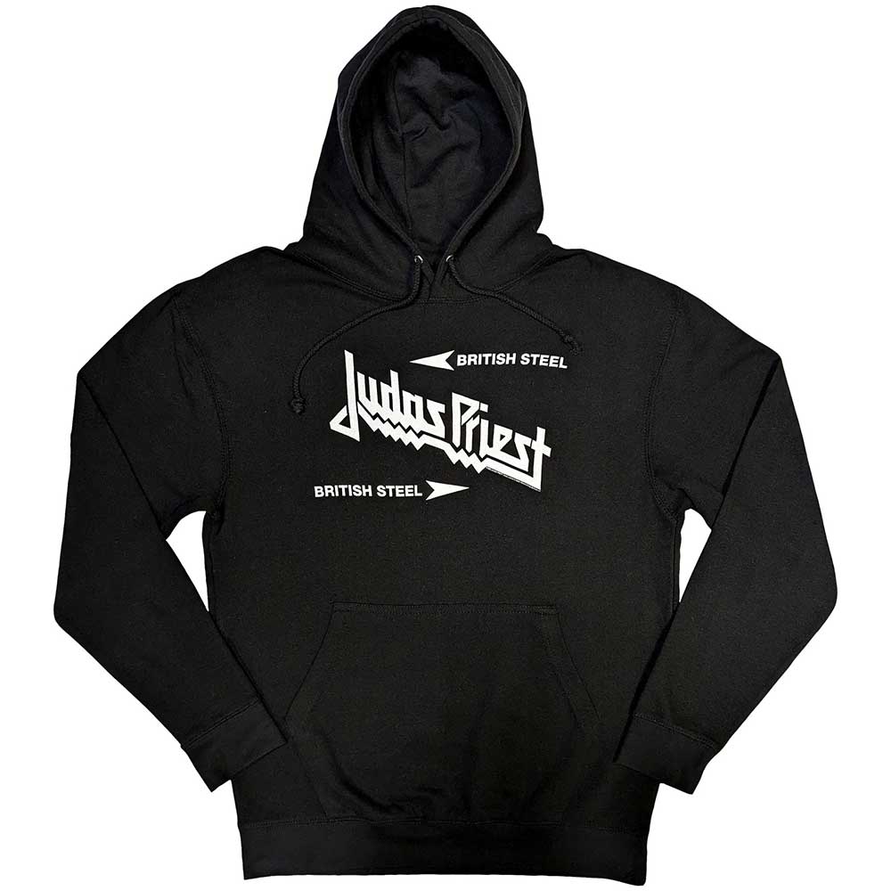 Black hoodie with white Judas Priest “British Steel” logo on the chest.