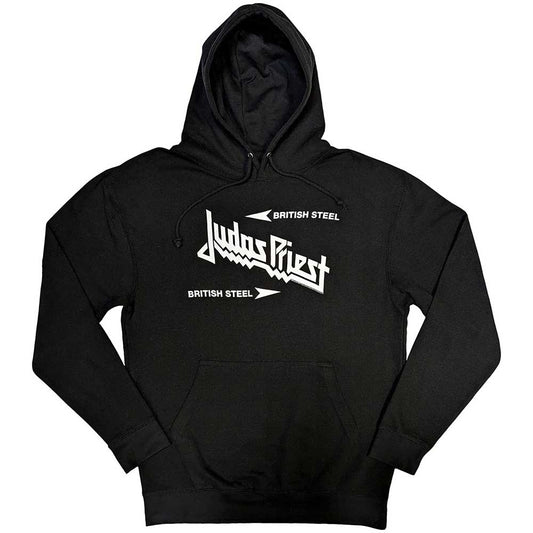Black hoodie with white Judas Priest “British Steel” logo on the chest.