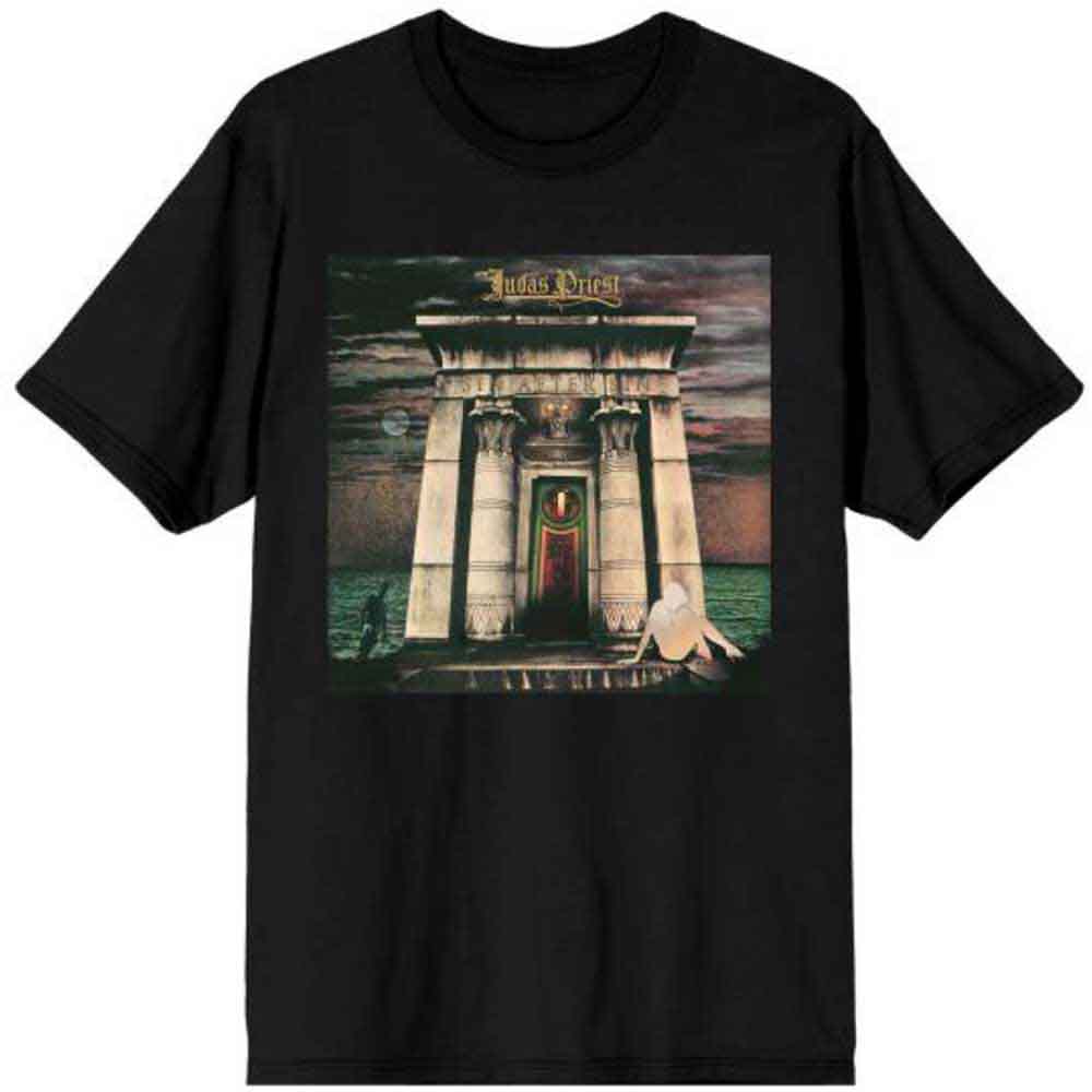 Black t-shirt featuring the cover art from Judas Priest’s “Sin After Sin” album.