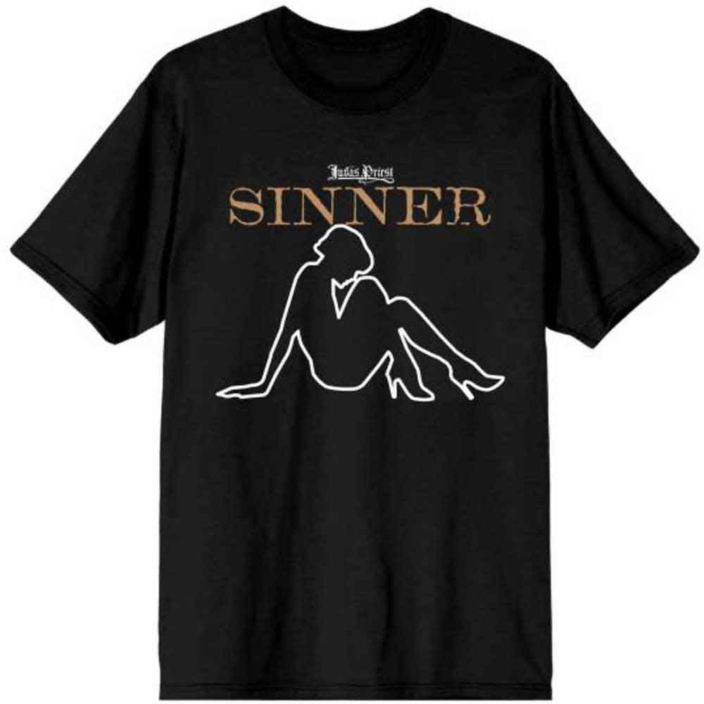 Black t-shirt with Judas Priest’s “Sin After Sin” album artwork and slogan.