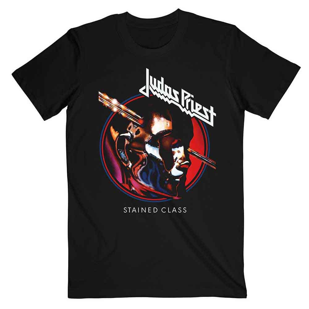 Black t-shirt with a circular Judas Priest “Stained Class” album art design.