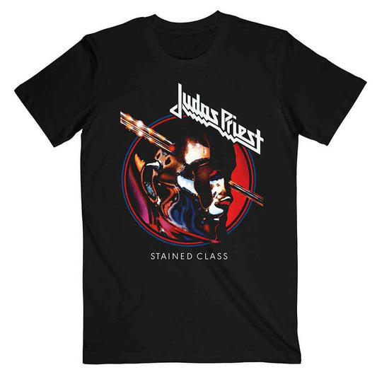 Black t-shirt with a circular Judas Priest “Stained Class” album art design.