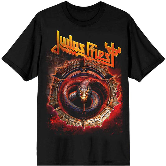 Black unisex t-shirt featuring Judas Priest artwork of a serpent.