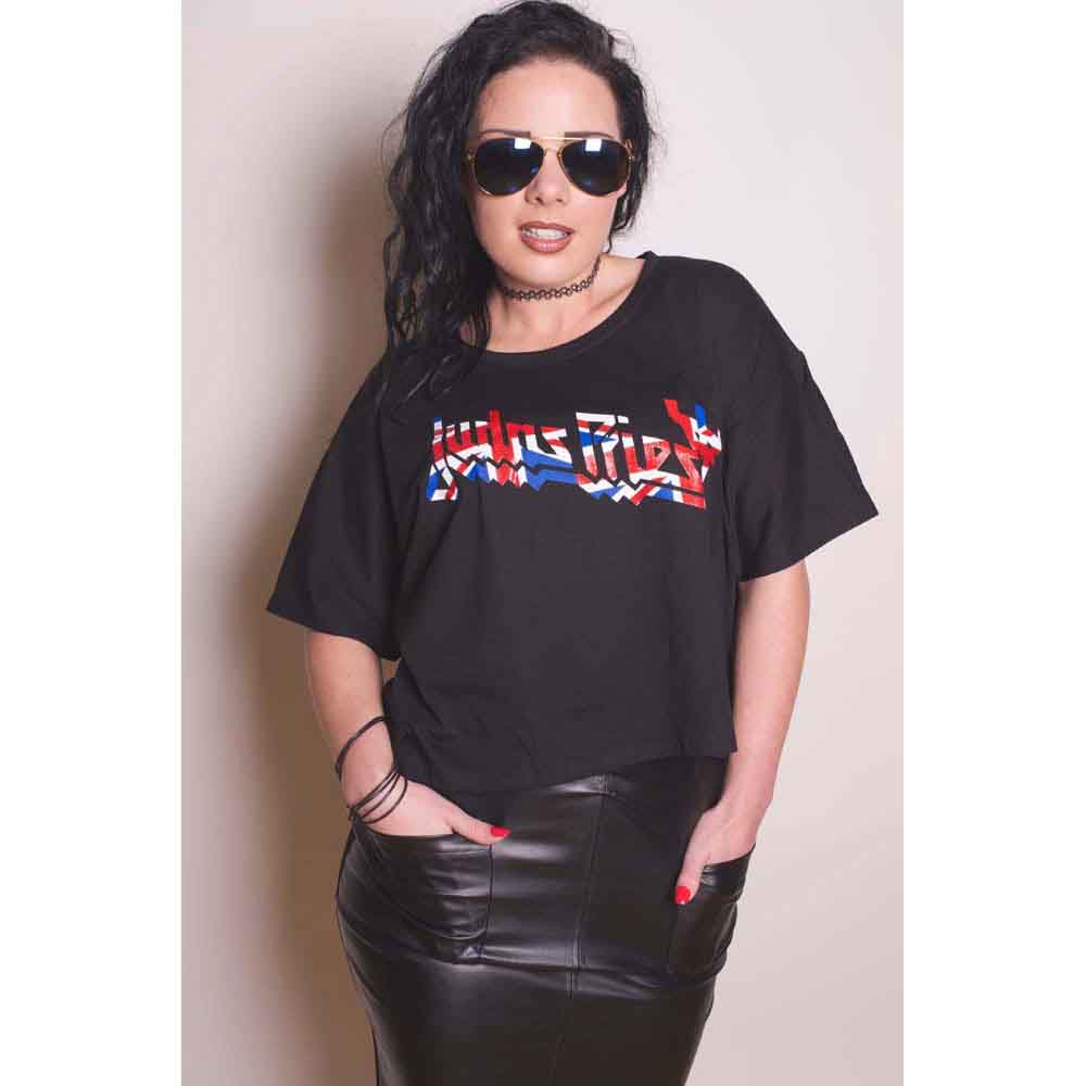 Black boxy t-shirt with colorful "Judas Priest" glitter print design.