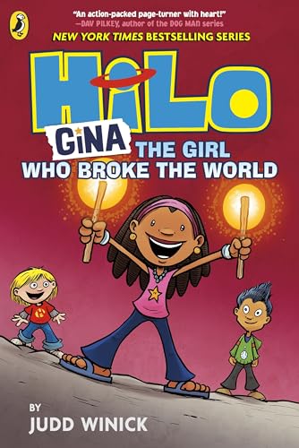 Book cover: cartoon girl with glowing orbs, two children, red background.