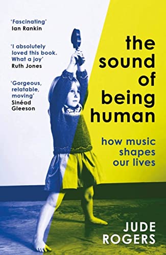Book cover: girl with headphones, split yellow and blue design.