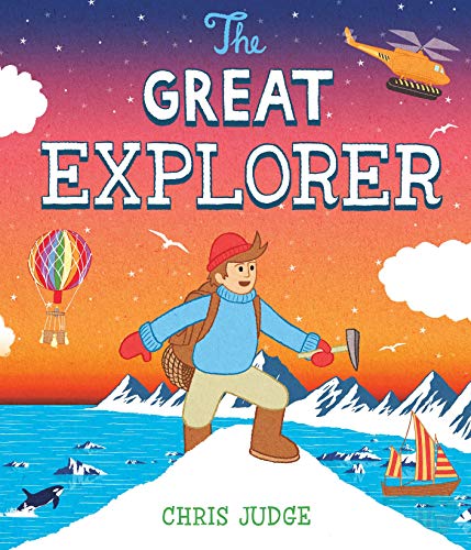 Book cover: illustrated child explorer with hot air balloon and snowy landscape.