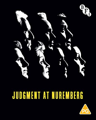 Black and white faces in profile, "Judgment At Nuremberg" Blu-ray cover.