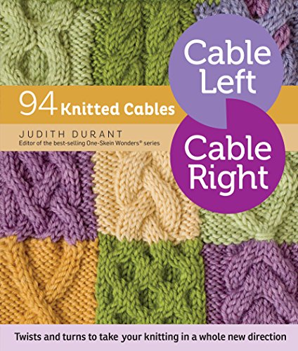 Book cover with knitted cable patterns in purple, yellow, and green.