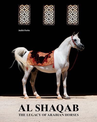 White Arabian horse with ornate tack, book cover “Al Shaqab”.