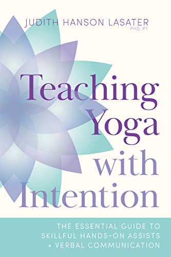 Book cover: "Teaching Yoga with Intention" with a floral design.